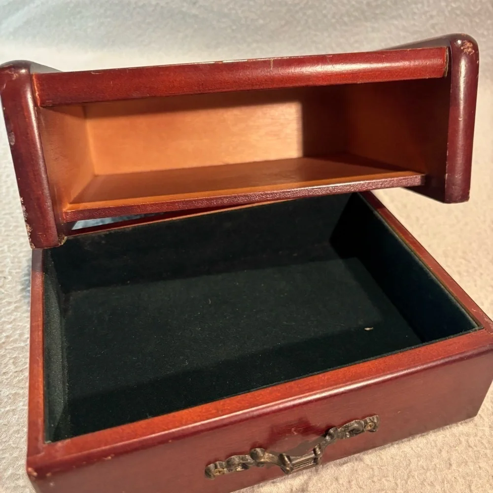 Vtg. Wooden Jewelry Box with Velvet-Lined Single Drawer with Decorative Handle